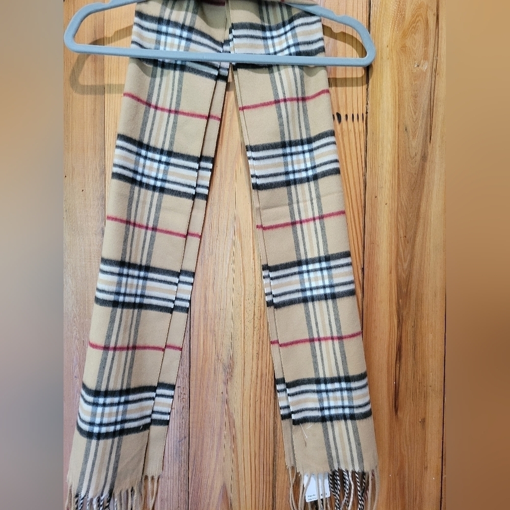 Cashming Plaid Beige Scarf with Red and Black Accents - Picture 7 of 8